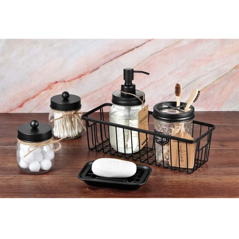 6 piece bathroom set soap dispenser toothbrush holder jars soap holder & basket